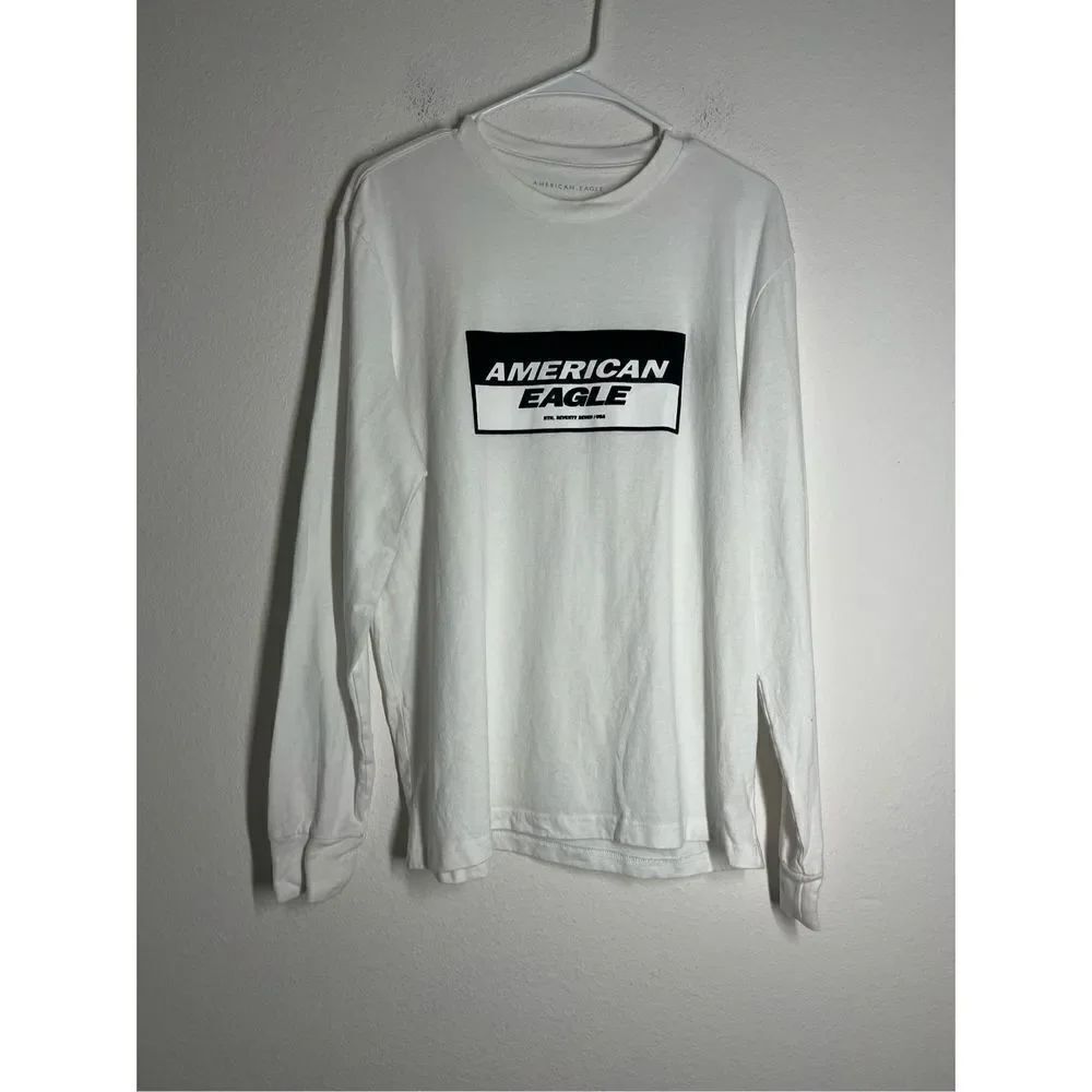 American Eagle T-Shirt Men's Medium M Long Sleeve Graphic Crew Neck White